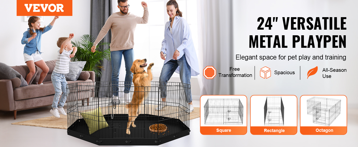 VEVOR dog playpen for versatile pet play and training, featuring square, rectangle, and octagon shapes.
