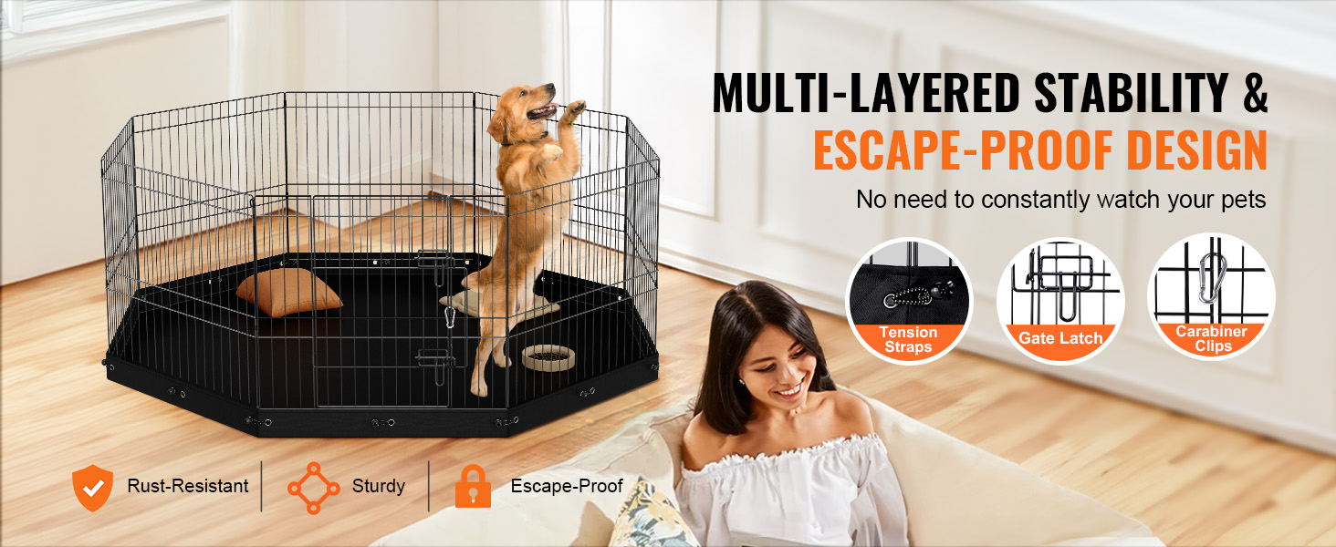 VEVOR dog playpen with multi-layered stability, escape-proof design, tension straps, gate latch, carabiner clips.
