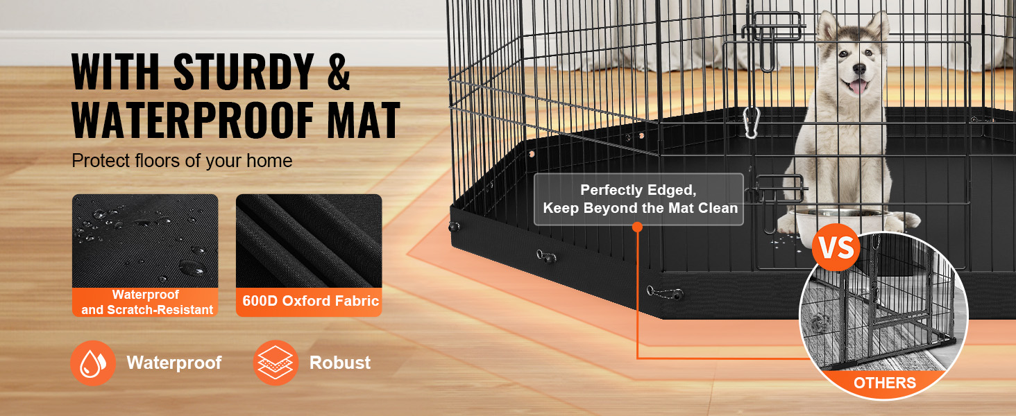 VEVOR dog playpen with waterproof, scratch-resistant mat protects home floors; includes robust 600d oxford fabric.