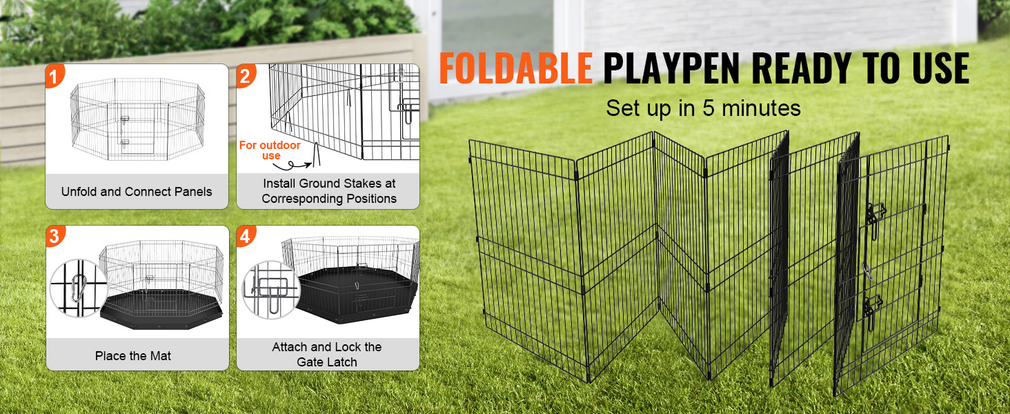 foldable VEVOR dog playpen setup guide: unfold panels, install stakes, place mat, and lock gate.