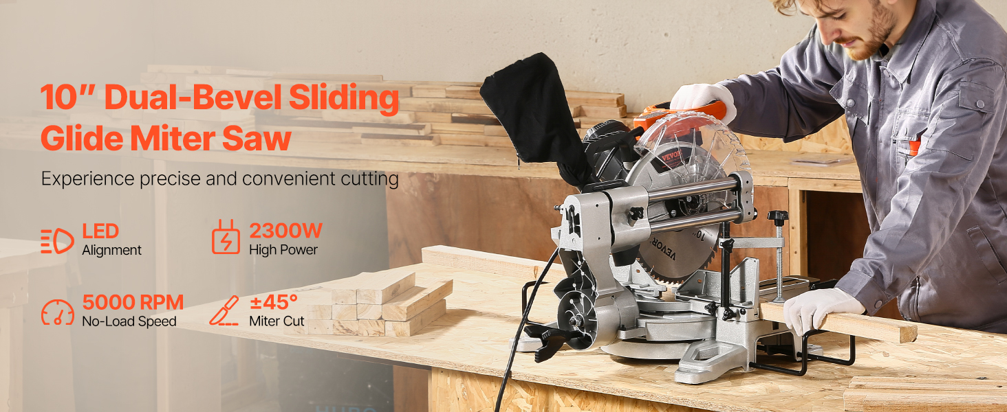 VEVOR Sliding Compound Miter Saw 10-Inch Blade 15 Amp Motor Corded ...