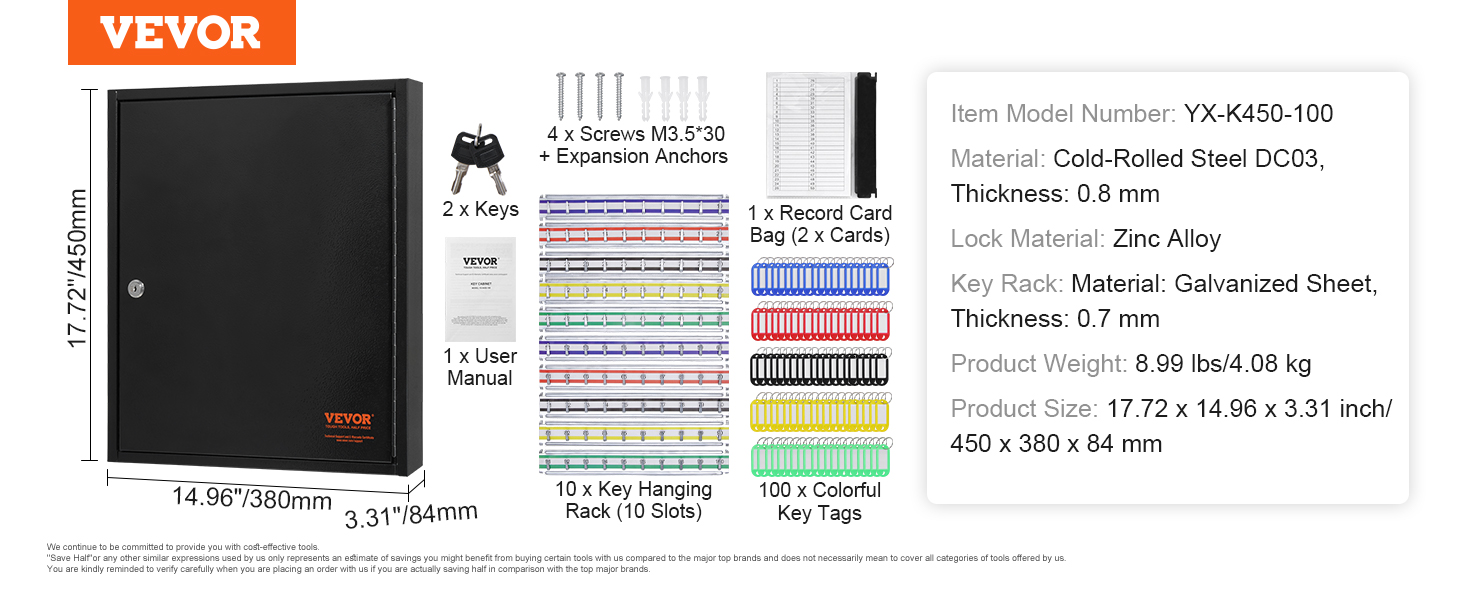 VEVOR key cabinet with dimensions, accessory set, and product specifications listed.