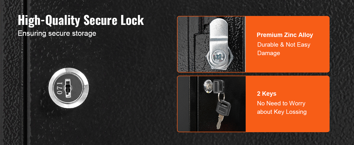 high-quality secure VEVOR key cabinet with premium zinc alloy lock and two keys for secure storage.
