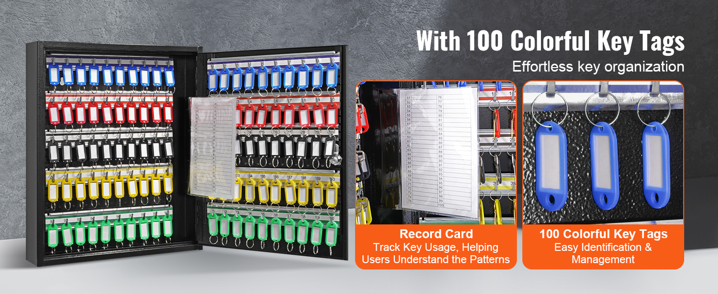 VEVOR key cabinet with 100 colorful key tags, record card, and easy key organization in a black cabinet.