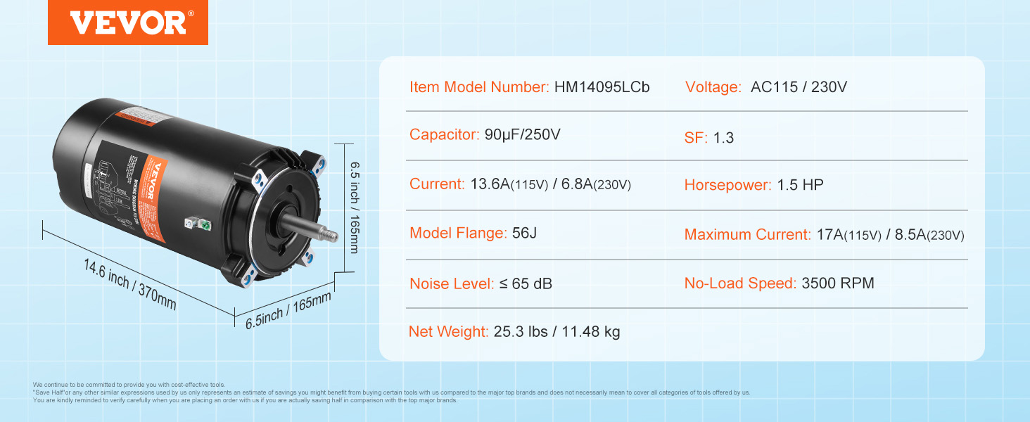 Двигун насоса для басейну VEVOR hm14095lcb 1,5 к.с., 115/230 В, 3500 об/хв, вага 25,3 фунтів, фланець 56j