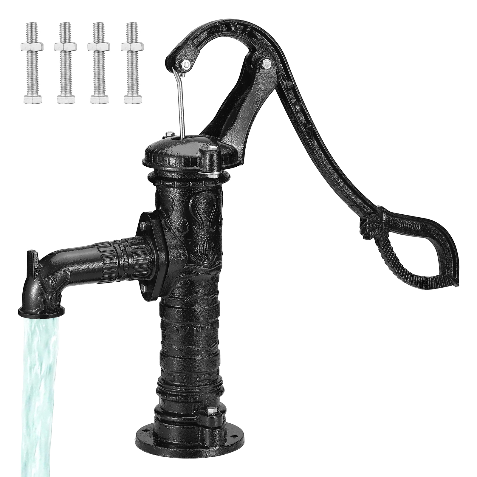 schwarze antike Handwasserpumpe von VEVOR mit kompliziertem Design, Schrauben inklusive.