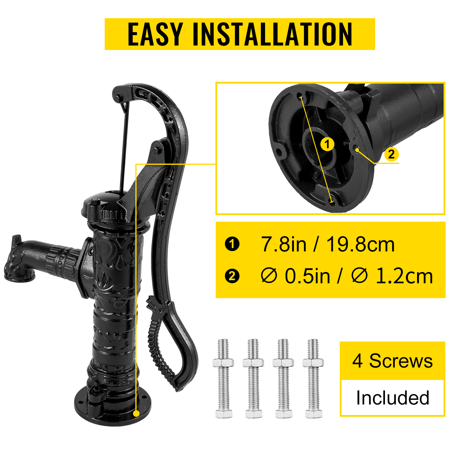 Antike Handwasserpumpe von VEVOR mit einfacher Installationsanleitung und mitgelieferten Schrauben.