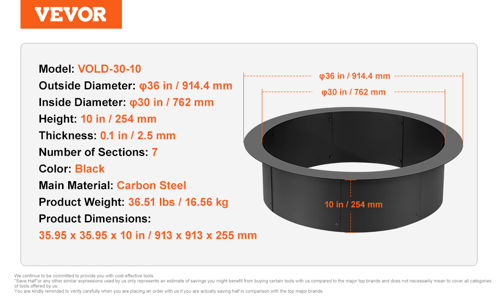 VEVOR fire pit ring with 36 in diameter, 10 in height, black carbon steel, 36.51 lbs weight.