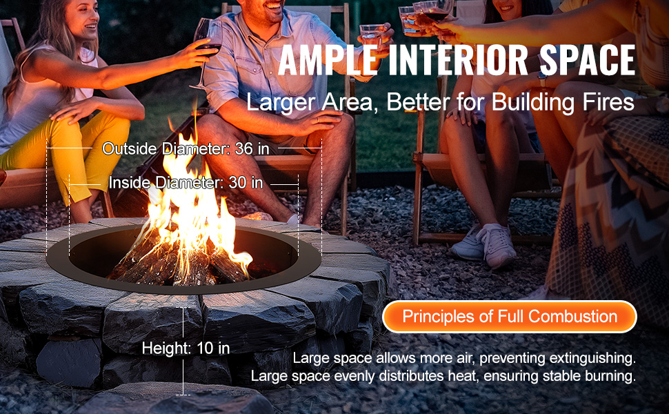 outdoor gathering with a VEVOR fire pit ring, showcasing dimensions: 36in outer diameter, 30in inner diameter, 10in height.