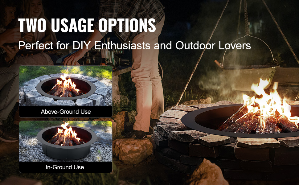 two usage options for the VEVOR fire pit ring: above-ground and in-ground, ideal for diy enthusiasts.