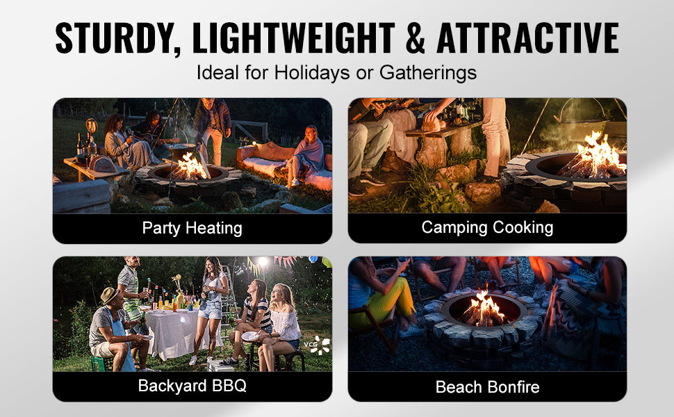 VEVOR fire pit ring for party heating, camping cooking, backyard bbq, and beach bonfire gatherings.