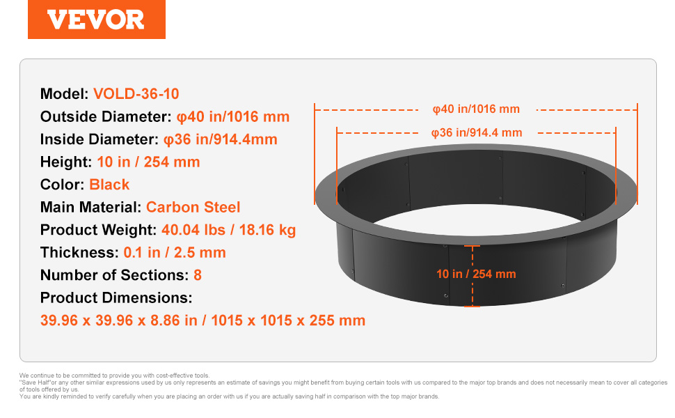 VEVOR fire pit ring, 40in outside diameter, 36in inside diameter, 10in height, black carbon steel.