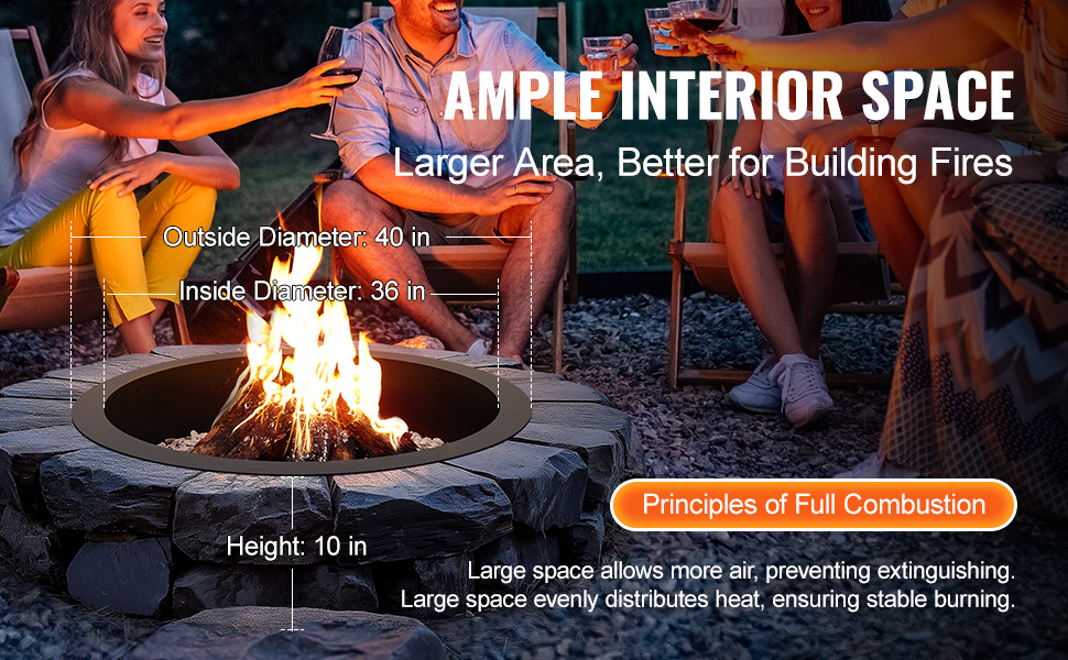 VEVOR fire pit ring in stone setting surrounded by people, showcasing ample interior space for fires.