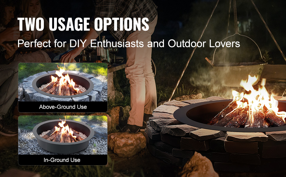 VEVOR fire pit ring with two usage options: above-ground and in-ground, ideal for diy enthusiasts.