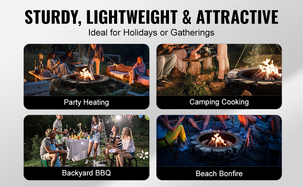 sturdy lightweight and attractive VEVOR fire pit ring for party heating, camping cooking, backyard bbq, beach bonfire.