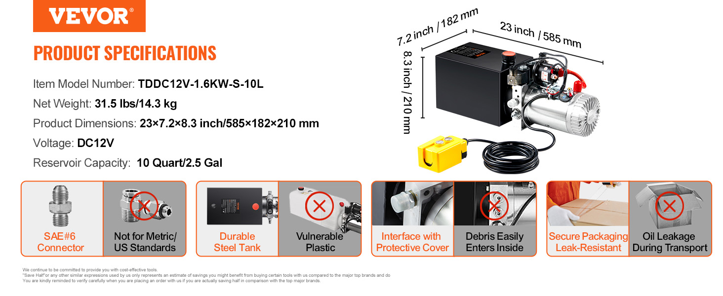 Гідравлічний насос VEVOR, модель zxdc12v, dc12v, 10 кварт, 31,5 фунтів, міцний сталевий бак.