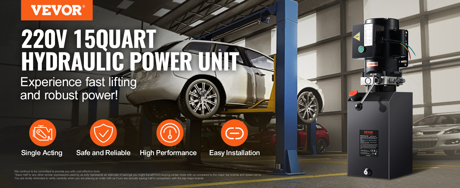 Гідравлічний насос VEVOR 220v 15quart для підйому автомобіля, відрізняється високою продуктивністю і простотою установки.