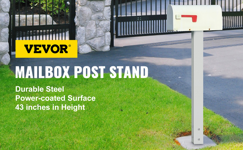 VEVOR mailbox post in front of a black iron gate and stone pillars on a driveway