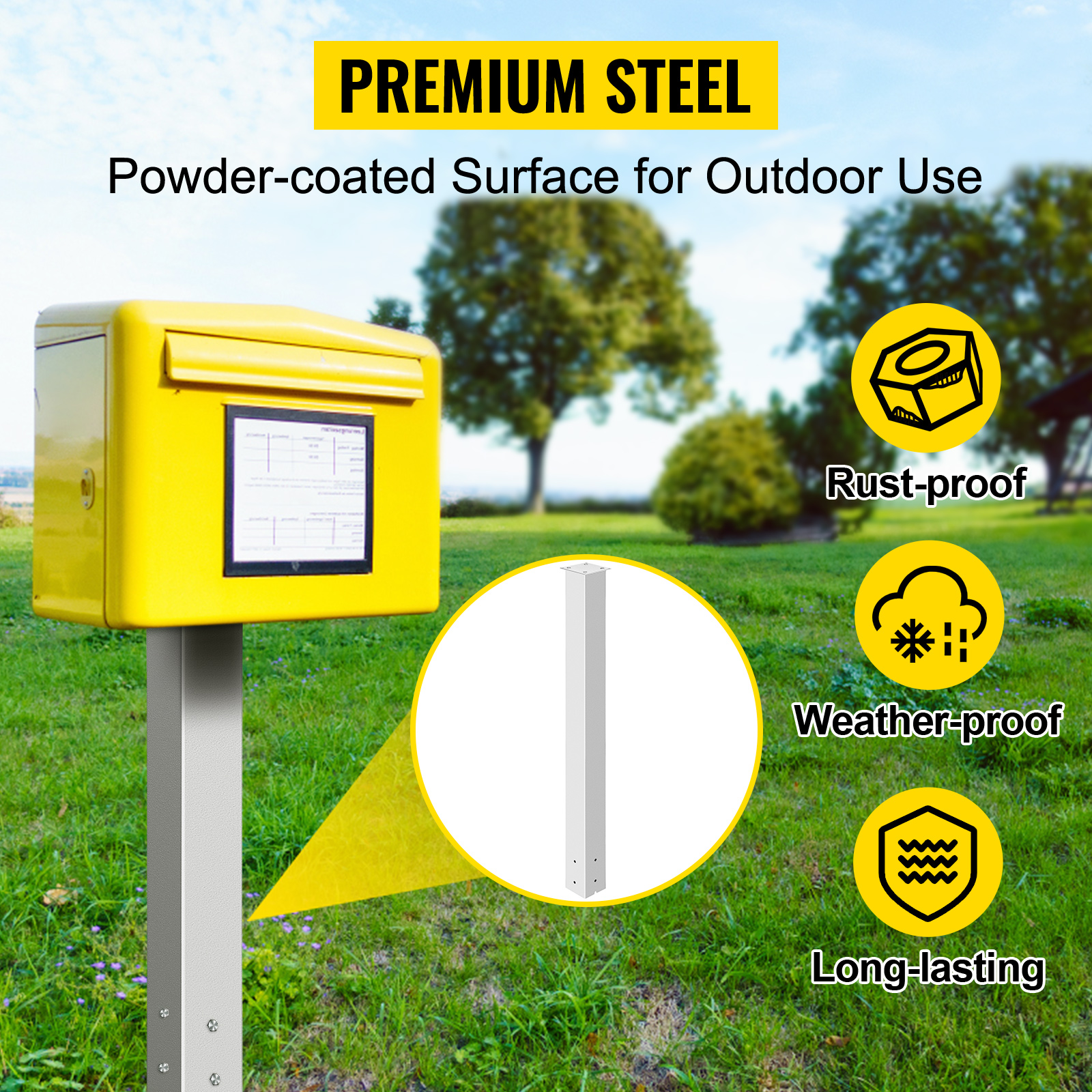 yellow VEVOR mailbox post on green field, showcasing rust-proof and weather-proof features.