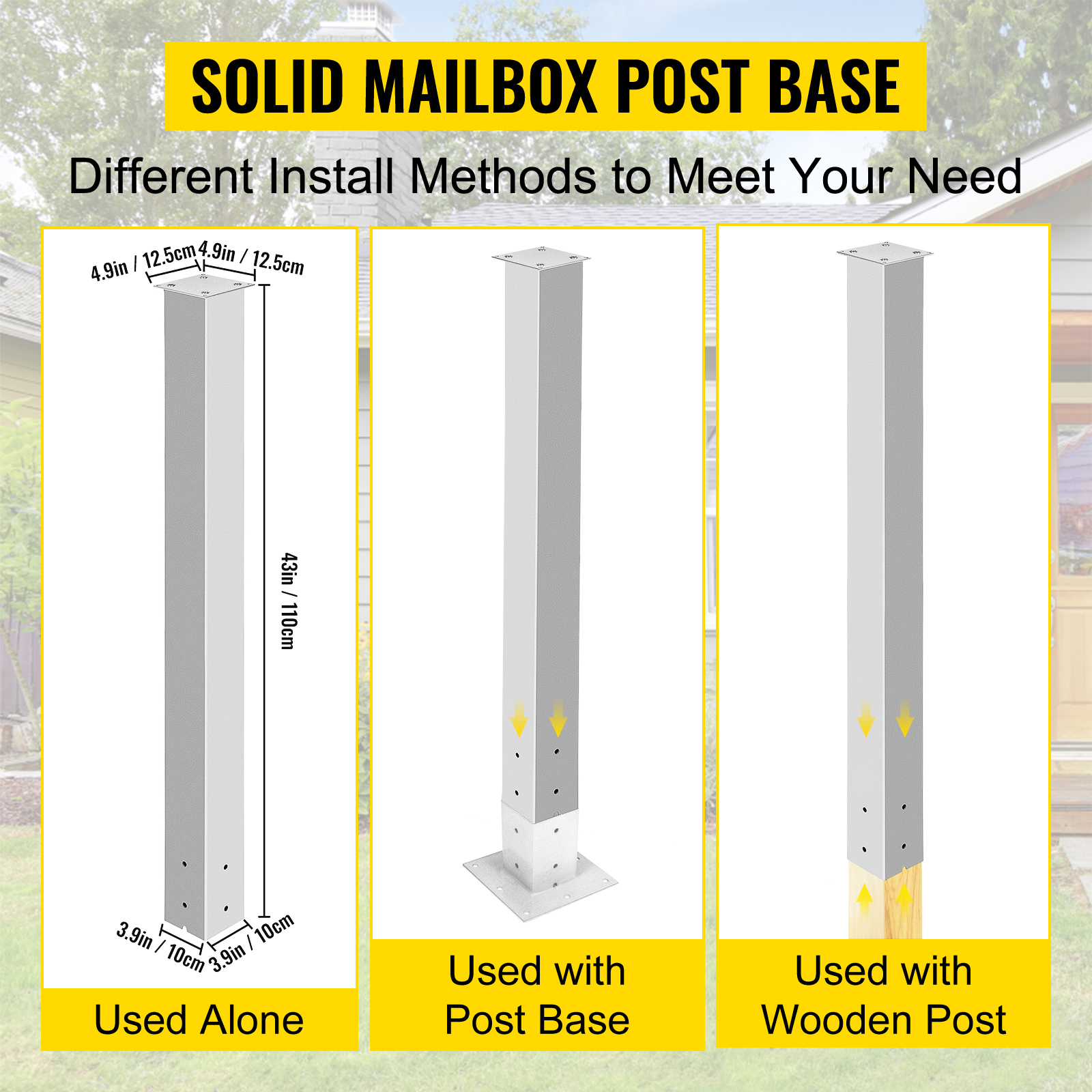 VEVOR mailbox post with different install methods: used alone, with base, or wooden post.