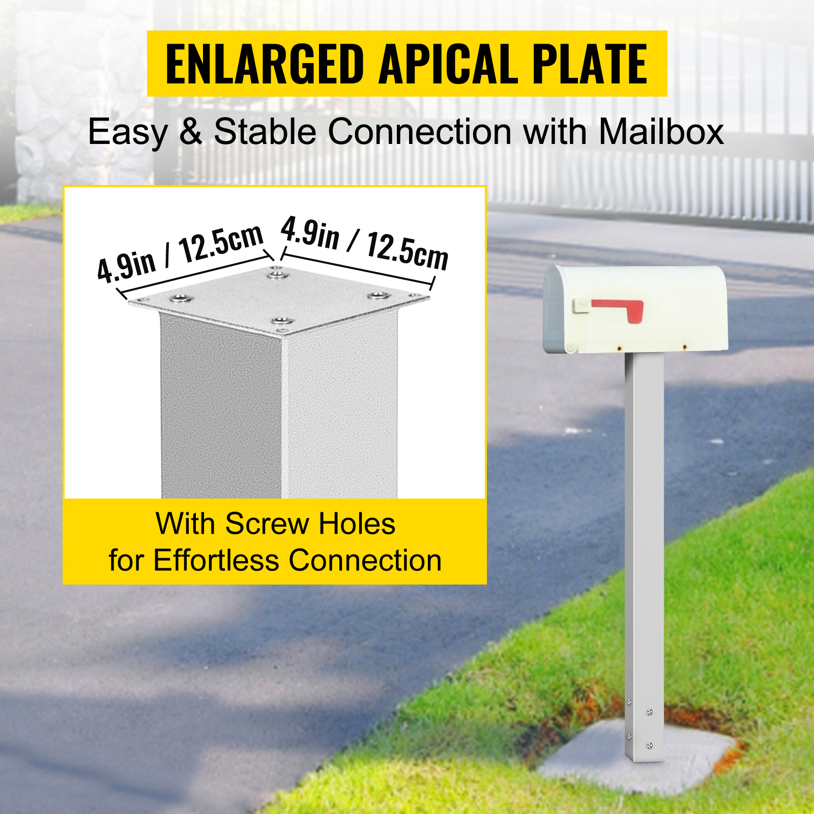 VEVOR mailbox post with enlarged apical plate and screw holes for easy connection.