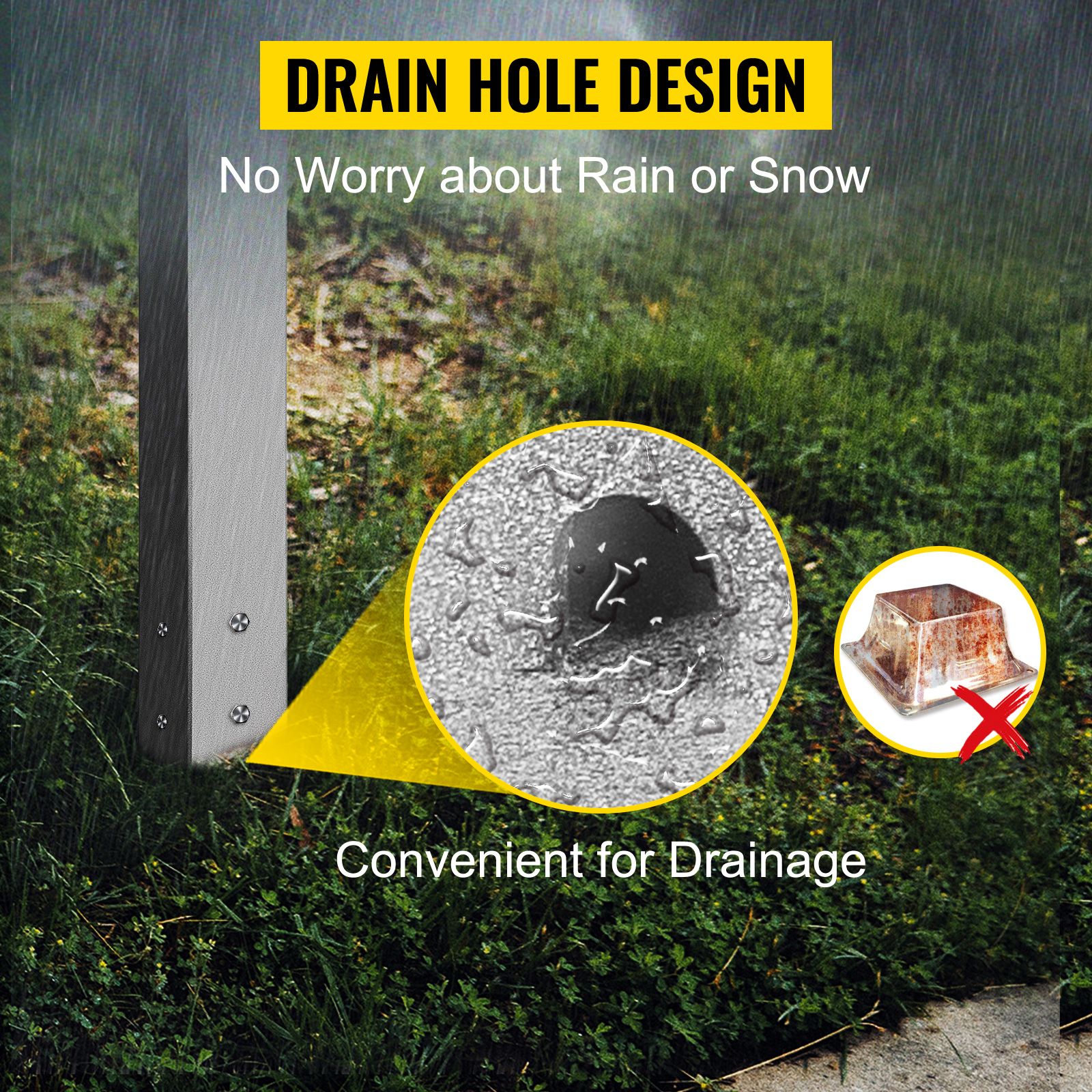 VEVOR mailbox post with drain hole design prevents water accumulation during rain.