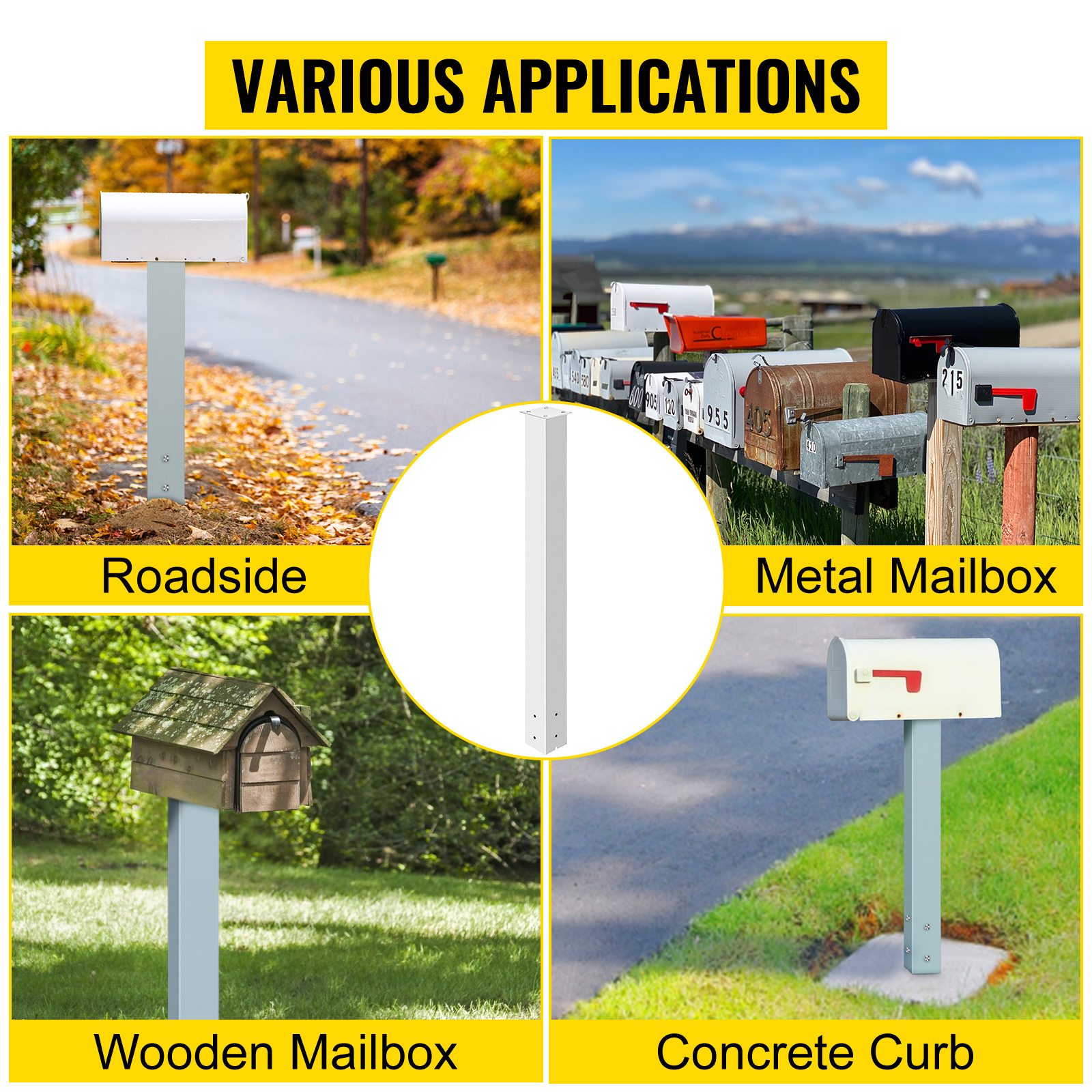 VEVOR mailbox post: roadside, metal, wooden, and concrete curb applications.