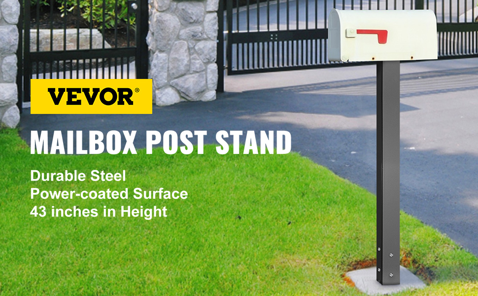 VEVOR mailbox post in front of a gated stone wall with green grass.