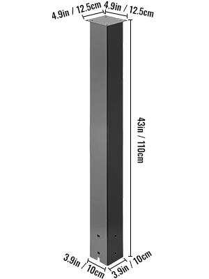 VEVOR mailbox post, 43in tall, 4.9in square top, and 3.9in square base.