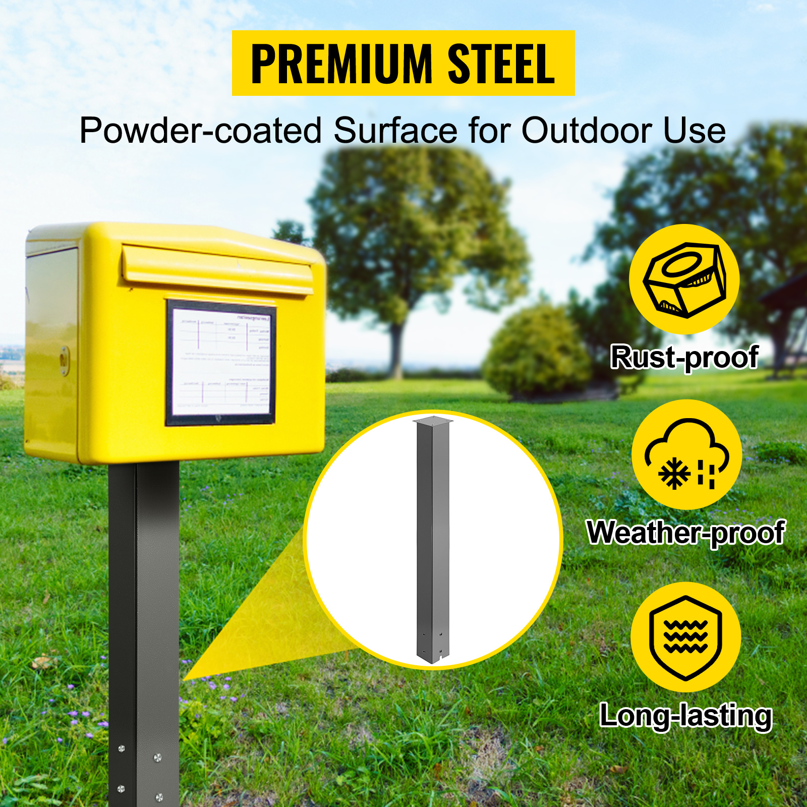 yellow mailbox with VEVOR mailbox post, rust-proof, weather-proof, and long-lasting.