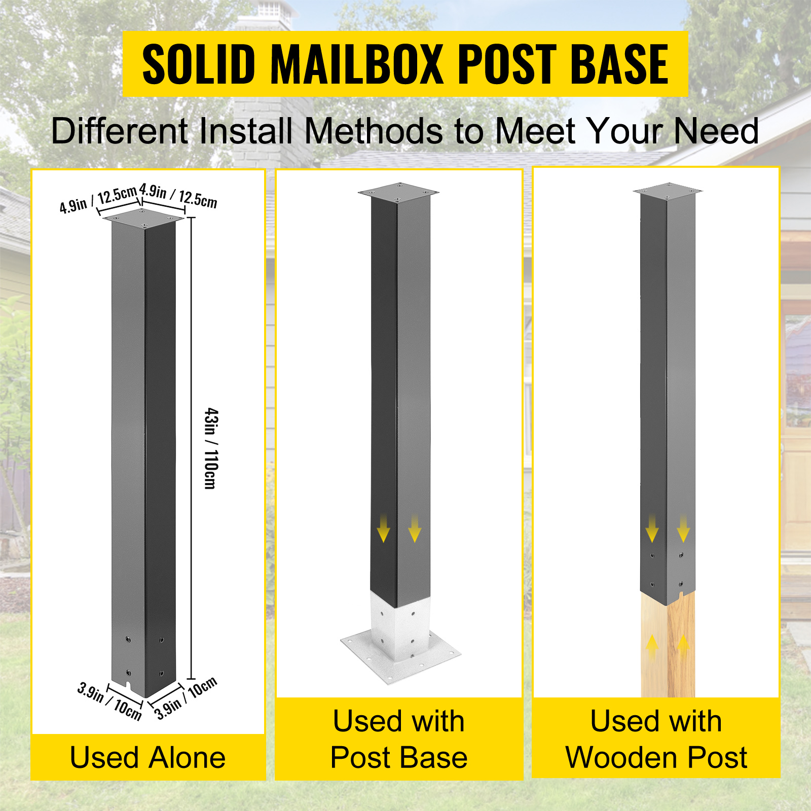 VEVOR mailbox post base installation options: used alone, with post base, or wooden post.