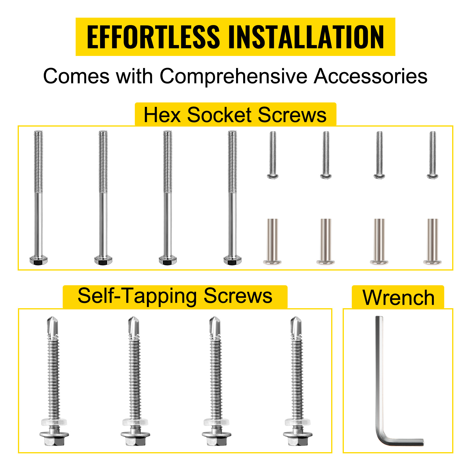 effortless installation accessories for VEVOR mailbox post: hex socket screws, tapping screws, wrench.