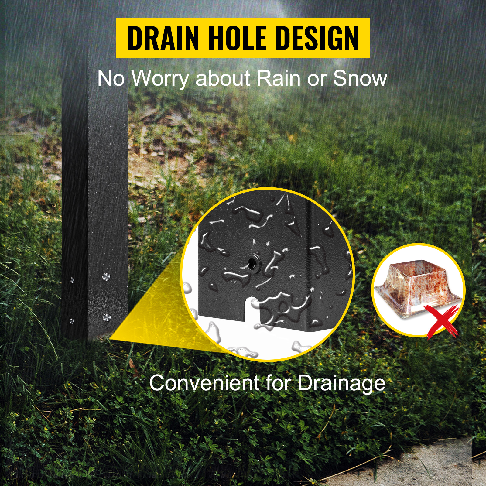VEVOR mailbox post with drain hole design, prevents water accumulation.