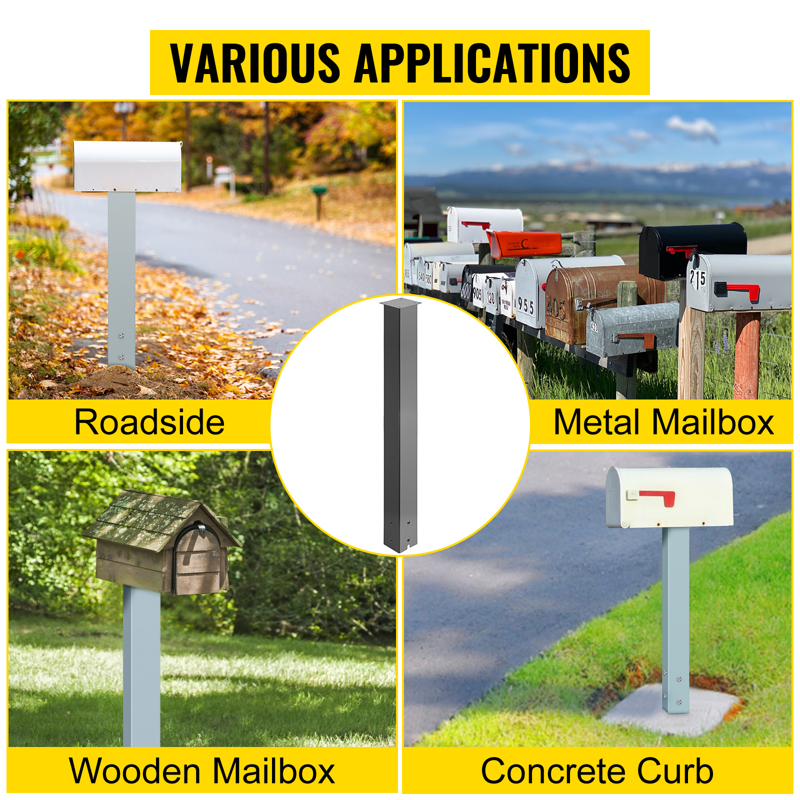 VEVOR mailbox post for roadside, metal, wooden, and concrete curb mailbox installations.