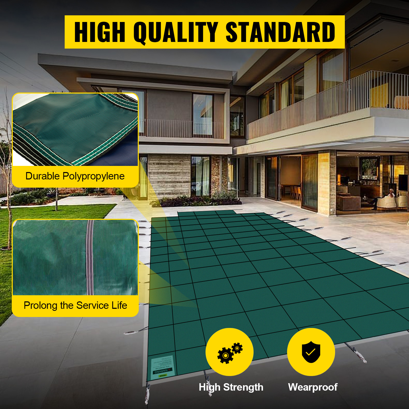 high-quality VEVOR pool safety cover with durable polypropylene, high strength, and wearproof.