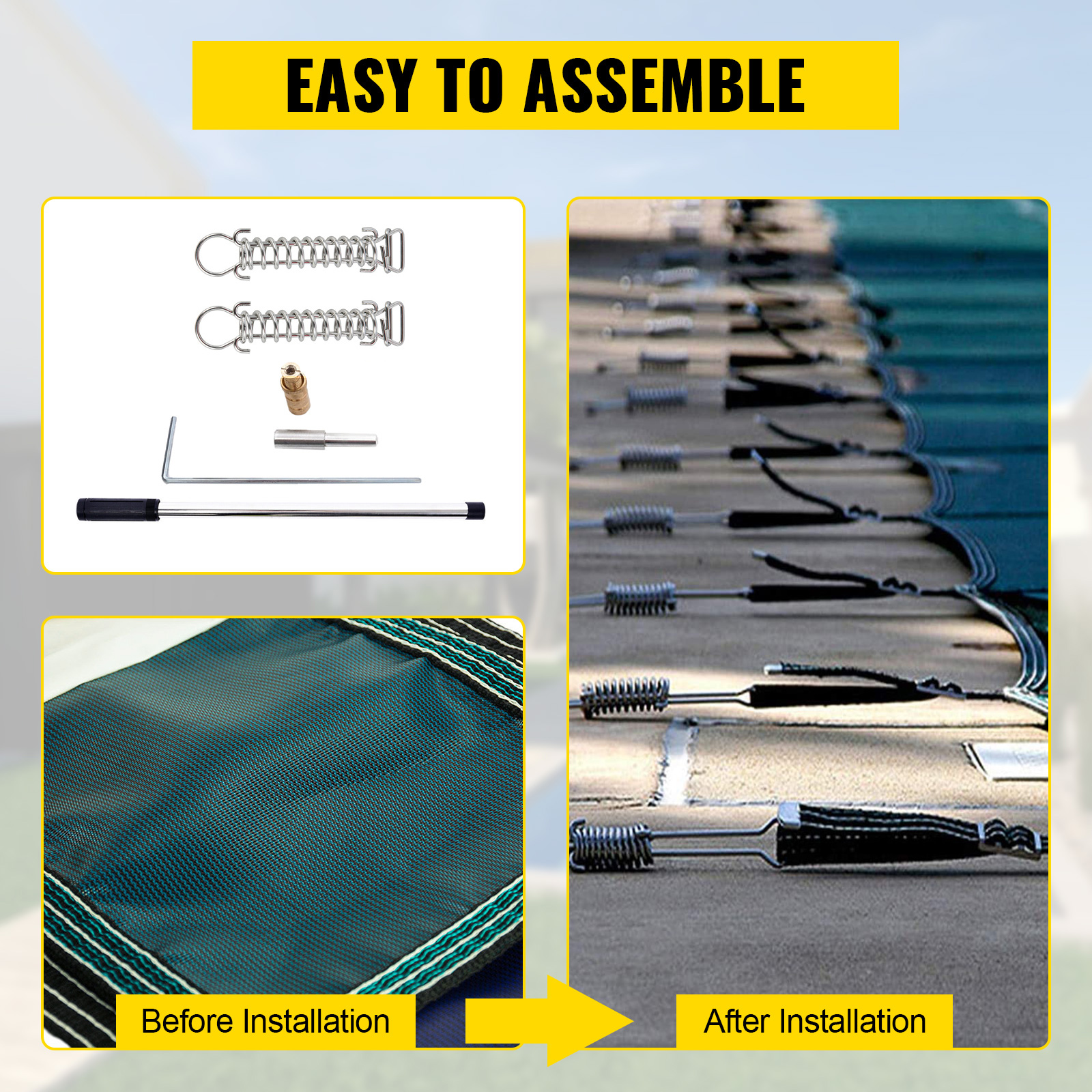 VEVOR pool safety cover, easy installation with accessories, before and after setup.