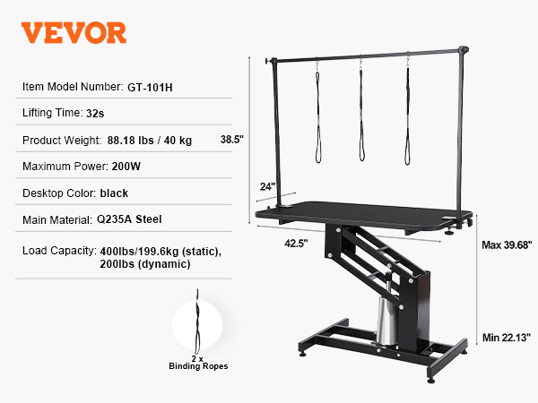 VEVOR pet grooming table, model gt-101h, lifts in 32s, 88.18 lbs, black, q235a steel, 3 binding ropes.