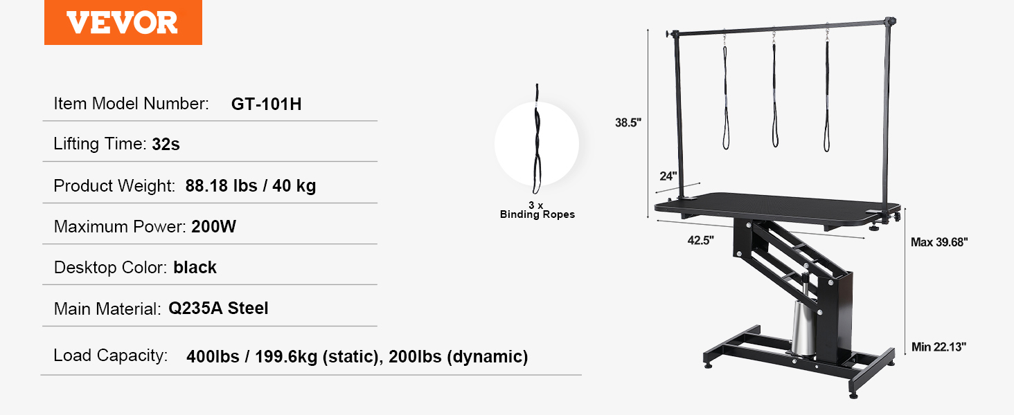 VEVOR pet grooming table, model gt-101h, lifts in 32s, 88.18 lbs, black, q235a steel, 3 binding ropes.