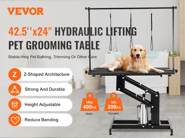 VEVOR pet grooming table: 42.5"x24" hydraulic lifting, height adjustable, supports up to 400 lbs.