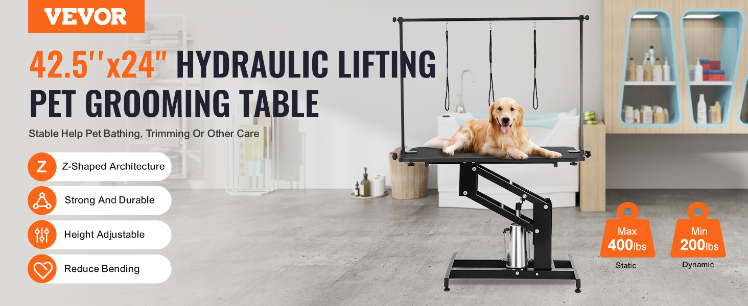 VEVOR pet grooming table: 42.5"x24" hydraulic lifting, height adjustable, supports up to 400 lbs.