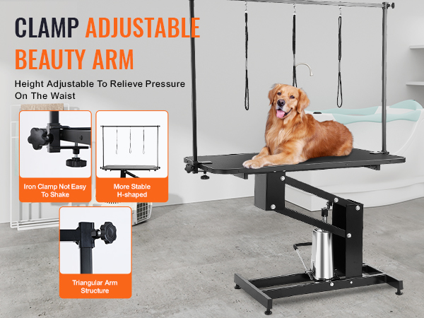 clamp adjustable beauty arm on VEVOR pet grooming table with iron clamp and stable h-shaped structure.