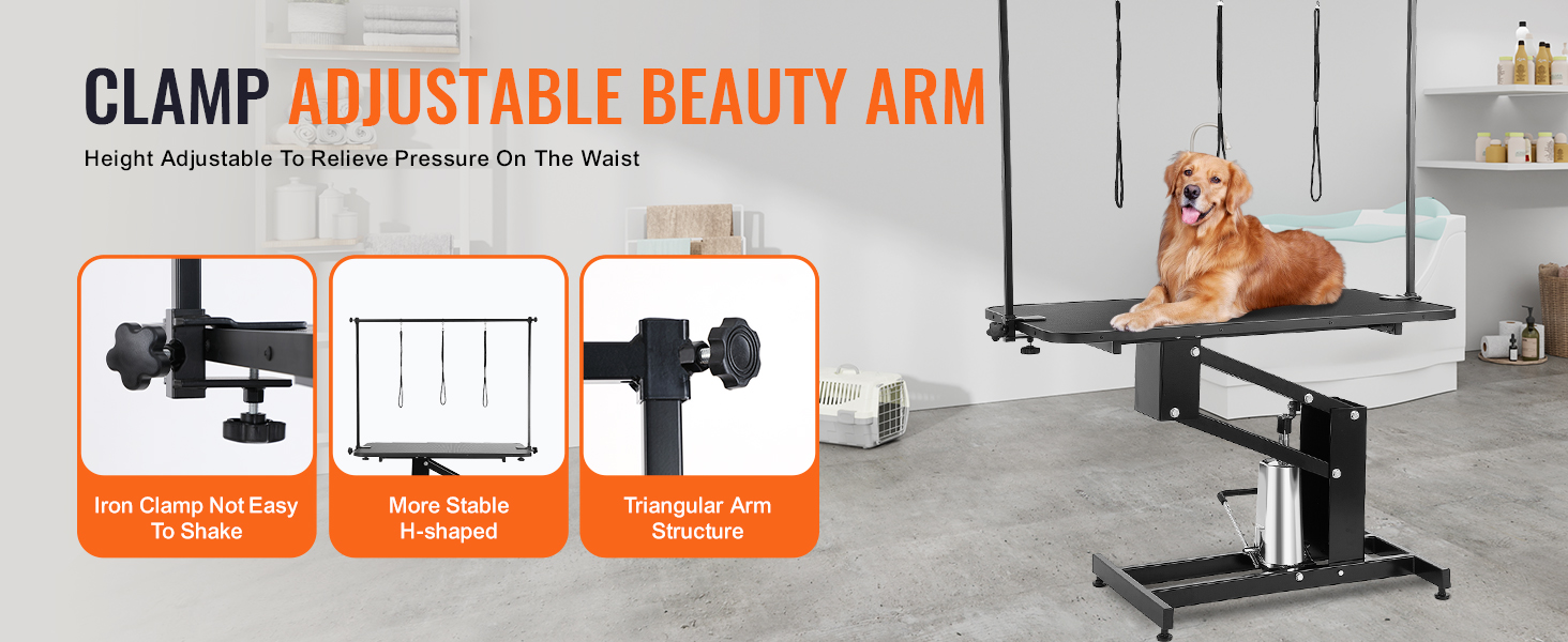 clamp adjustable beauty arm on VEVOR pet grooming table with iron clamp and stable h-shaped structure.