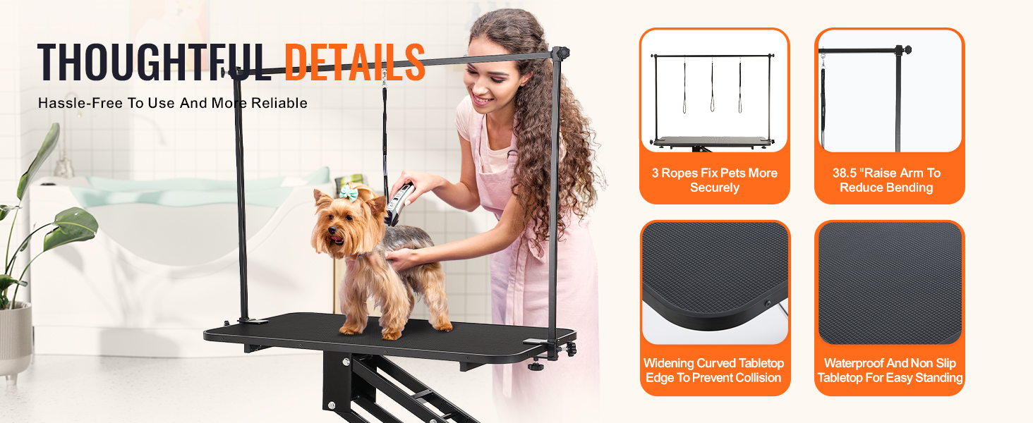 VEVOR pet grooming table with 3 secure ropes, 38.5" raise arm, and non-slip waterproof tabletop.
