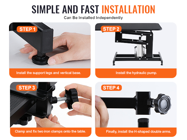 simple steps to assemble VEVOR pet grooming table: legs, pump, clamps, and h-shaped double arms.