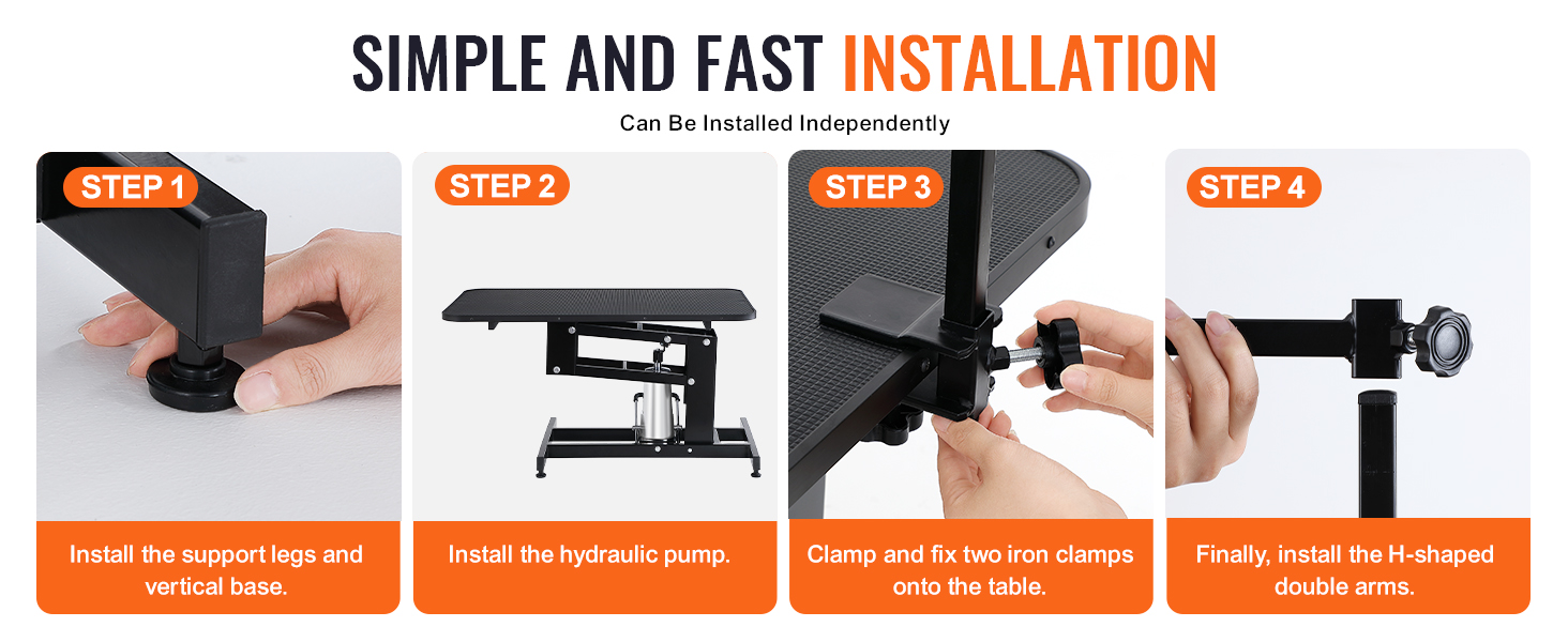 simple steps to assemble VEVOR pet grooming table: legs, pump, clamps, and h-shaped double arms.
