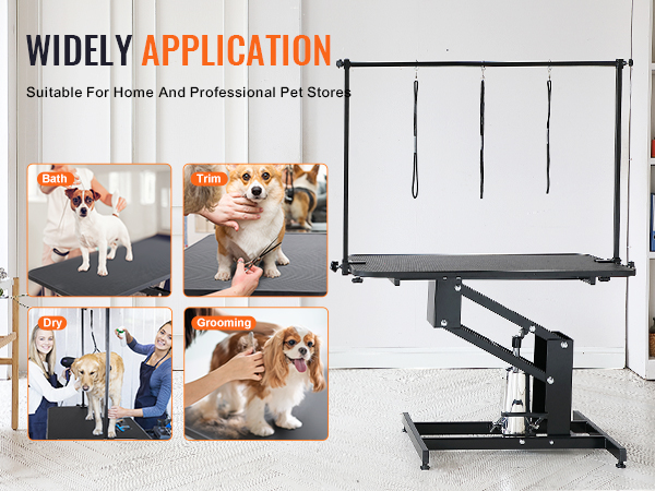 VEVOR pet grooming table for bathing, trimming, drying, and grooming at home and professional pet stores.