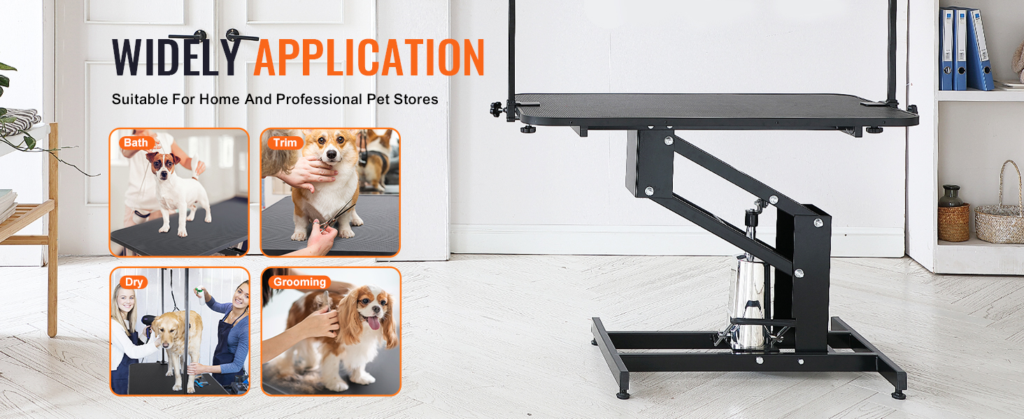 VEVOR pet grooming table for bathing, trimming, drying, and grooming at home and professional pet stores.