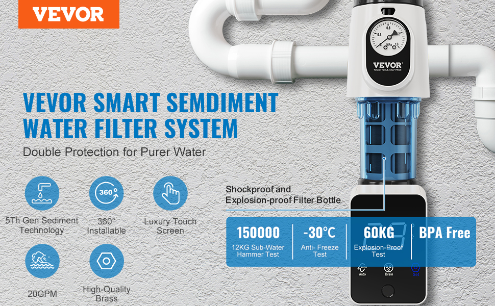 Filtro Per Sedimenti VEVOR Per Tutta Casa, 40 Micron, Dimensioni 151x137x274 Mm, Portata 4T/h, Con Manometro E Controlavaggio