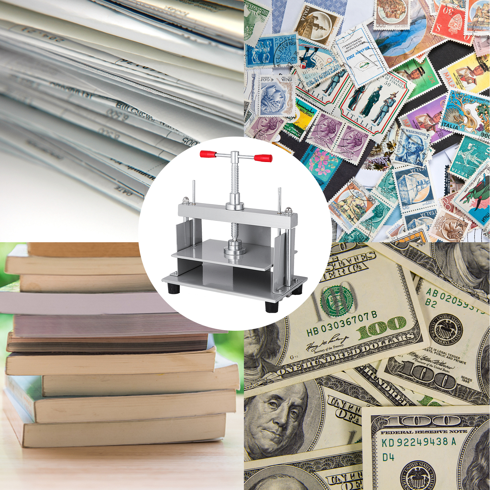 Паперовий прес VEVOR зі стосами газет, книг, марок і доларових купюр.
