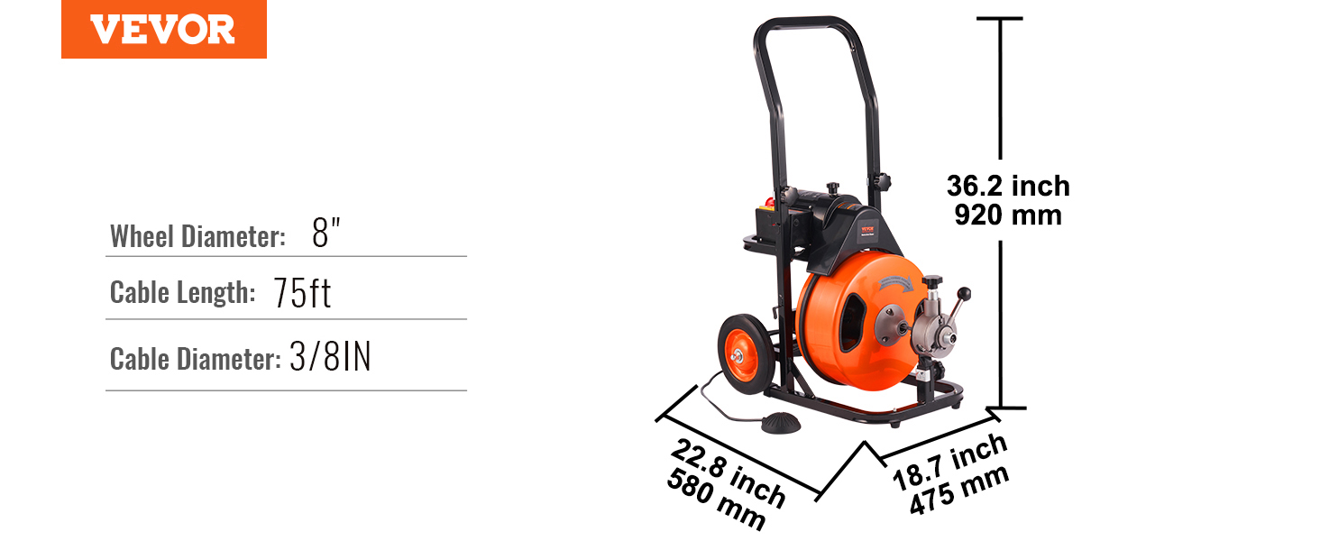 Máquina de limpieza de desagües VEVOR con cable de 75 pies, ruedas de 8" y dimensiones de 36,2" x 22,8" x 18,7".